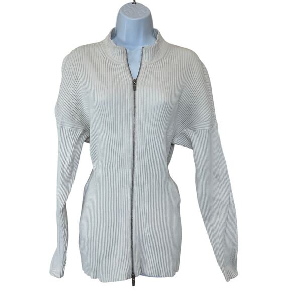 A.L.C. White Ribbed Knit Full Zip Sweater LARGE Work Quiet Luxury Designer $500 - Picture 11 of 14